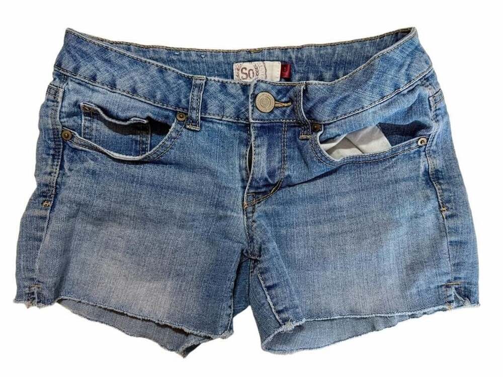 SO Denim Cutoff Shorts Size 5 Blue Low Rise Raw Hem